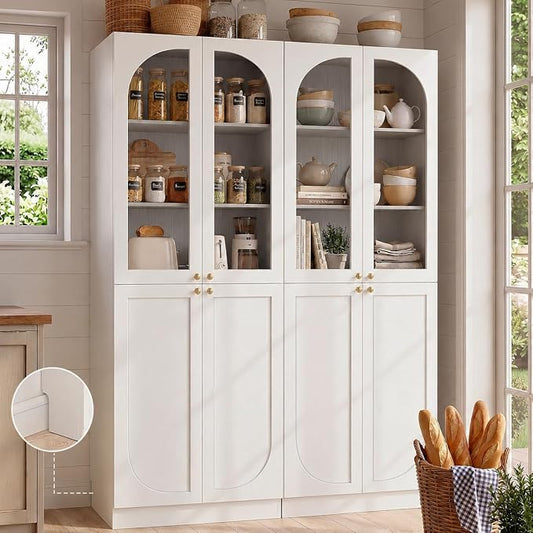Cyclysio 80" Kitchen Pantry, Tall Arch Storage Cabinet with Tempered Glass & Soft Close Doors, Freestanding Wood Floor Cupboard Bookcase with Seamless Fit Wall for Dining Room, Living Room, Bathroom