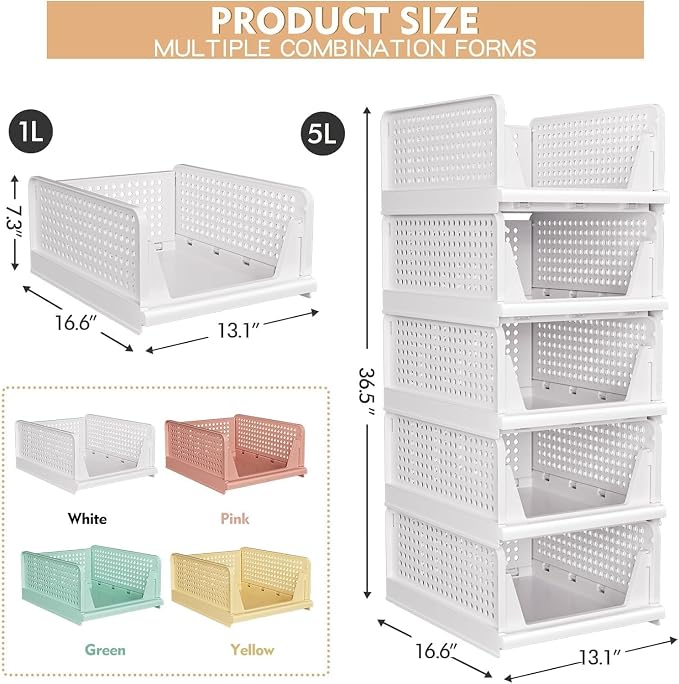 caktraie 8 Pack Stackable Closet Storage Basket - Stackable Storage Bins | Multifunctional & Foldable Closet Organizer Waterproof, Wardrobe Cupboard Space-Saving Storage Drawer Organizer