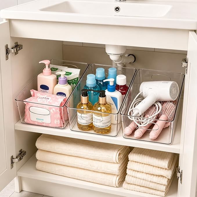 UFORU 5 Pack Clear Plastic Pantry Organizers and Storage with Handles | Non-slip Bottom Stability, Space-Saving Stackable Design, Clear Visibility, Thickened Plastic, Multi-Scene Storage Solutions