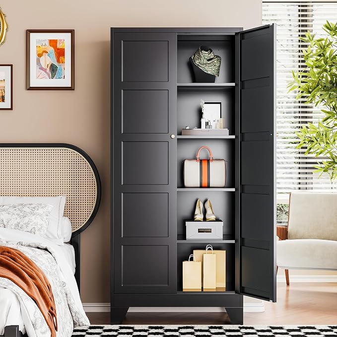 Letaya 71" H Metal Storage Cabinet with 2 Doors and 4 Shelves,Tall Kitchen Pantry Cabinets,Utility Pantry Organizers for Cupboard/Dining/Bathroom/Home Office/Garage (Black, 71" H x 16" D x 32" W)