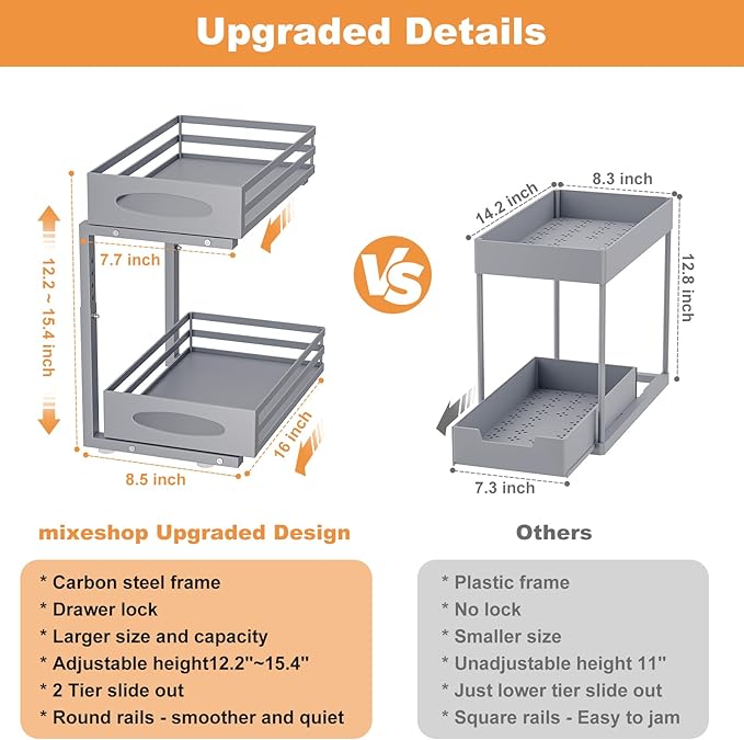 Under Sink Organizer, 2 Tier Under Sink Organizers and Storage, Adjustable Height, Slide out Metal Cabinet Organizers, Pull out Cabinet Storage Drawer Shelf for Kitchen Bathroom (Gray, 1 Pack)