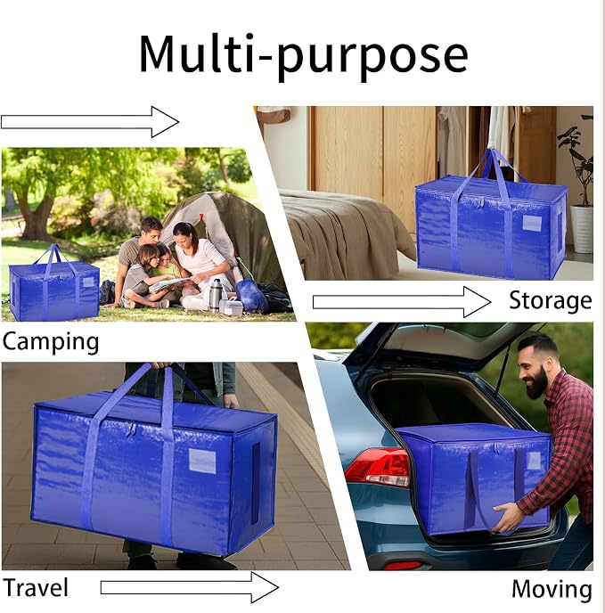6 Pack-Extra Large Heavy Duty Moving Bags - Waterproof Storage Totes with Handles & Zippers, Foldable for College Dorm, Storage (Blue)