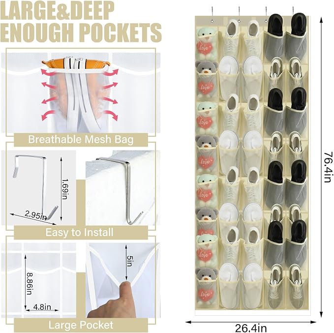 Windyun 40 Pocket Over The Door Shoe Organizer, Large Breathable Mesh Hanging Shoe Rack for Closet, Space Saving Shoes Storage Holder Hanger for Dorm Room Bathroom Bedroom Entryway(Beige)