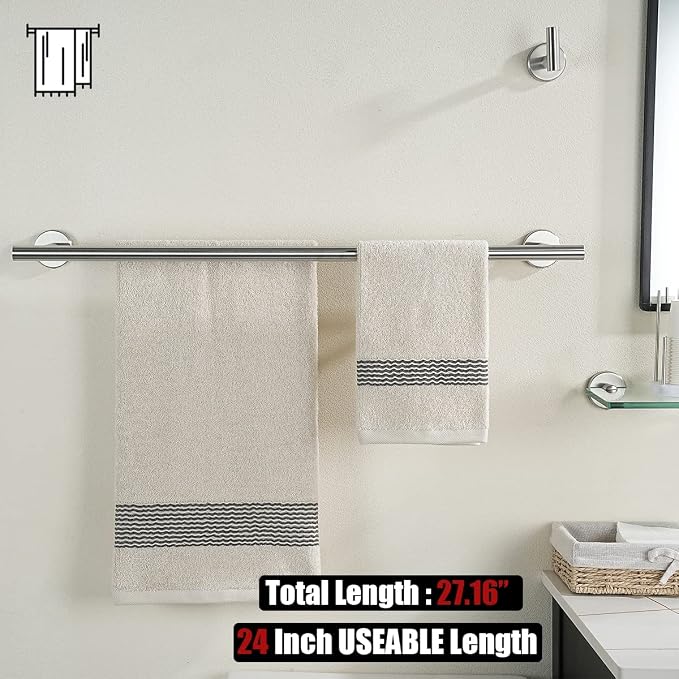 JQK Double Towel Bar 27 Inch, Brushed Steel Useable Length 24 Inch 304 Stainless Steel Thicken 0.8mm Bath Towel Rack for Bathroom, Towel Holder Wall Mount, TB100L24-BN