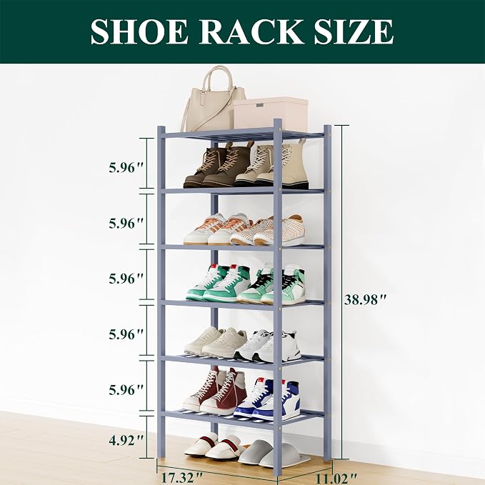 Smiry Bamboo Shoe Rack, 12 Vertical Slats, 6 Tier - 17.3" Wide, Grey | Stackable Free Standing Wooden Shoe Organizer, Wood Shoe Storage Shelf for Closet, Entryway