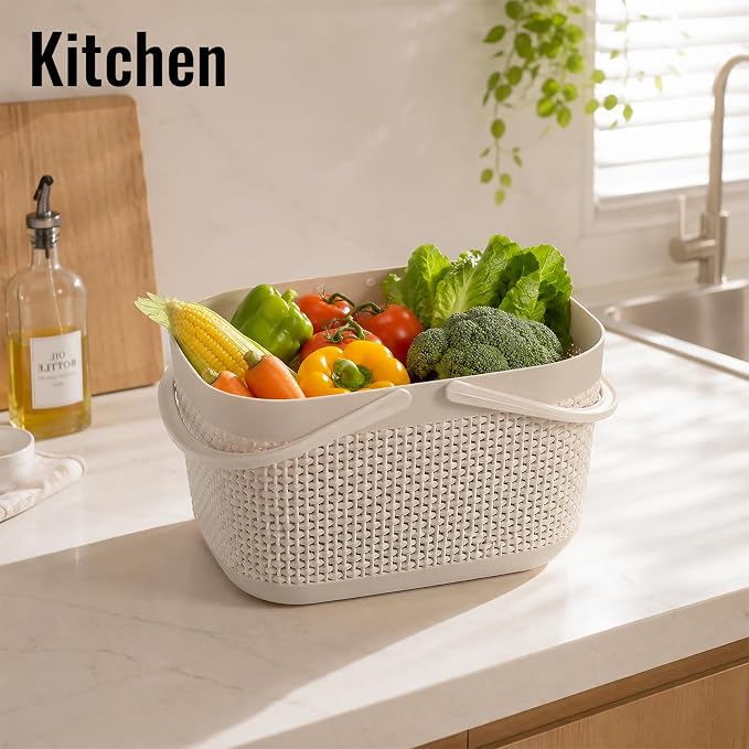 Plastic Portable Shower Caddy Basket, Storage Organizer with Handle, Beige | Bottom Drain Holes, Keep Dry, Sturdy and Durable, Easy to Carry for Bathroom, Kitchen, Dorm Room, RV, College