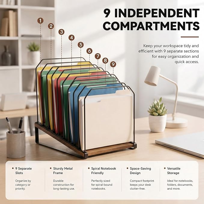 Novabright 1 Pack Inclined Desk File Organizer 9 Section Metal Vertical Folder Holder with Wooden Base Desktop Mail Sorter Step Magazine Document Paper Binder Holder for School Classroom Home Office