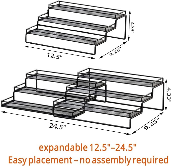3-Tier Expandable Spice Rack, Adjustable Length 12.5 to 24.5 Inches, Space Saving Kitchen Storage Organizer & Shelf for Cabinet, Countertop, Cupboard