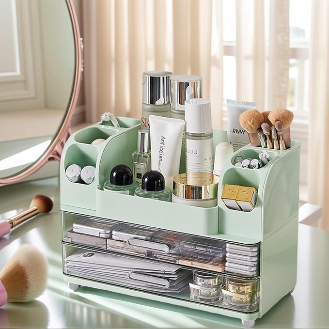 Large Makeup Organizer for Vanity - Perfume Cosmetic Display Cases | Skincare Organizers with 2 Drawers for Bathroom Dresser Desk, Easy to Store Brush Eyeshadow Lipstick Beauty Supplies, Green