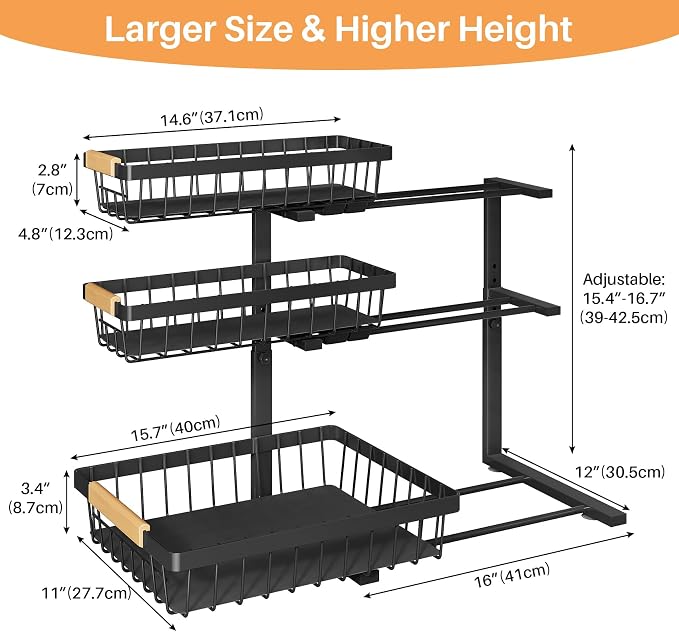 PXRACK Under Sink Organizer, 1-Pack 3-Tier Height Adjustable Thickened Metal Pull out Cabinet Organizer Shelf, Slide out Storage Drawer Rack for Bathroom Kitchen Pantry Home Organization, Black