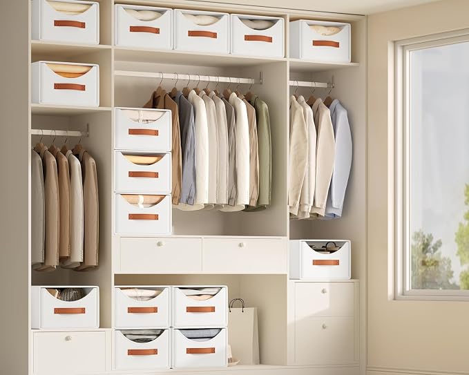 Homsorout Stackable Storage Drawers - Large Collapsible Storage Bins with Drawers, 6 Pack Closet Shelf Organizer Basket, Fabric Pull Out Organizer for Bedroom, Living Room, Dorm, White