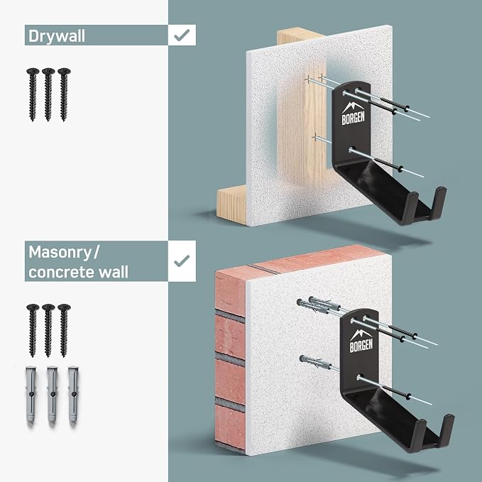 Borgen Bike Wall Mount Pedal Hook for E-Bikes, MTB & Road - Bicycle Wall Mount with Support Brackets and Wall Protection Pads, Suitable as Bike Rack Garage Bike Storage Shed and Bicycle Storage Indoor