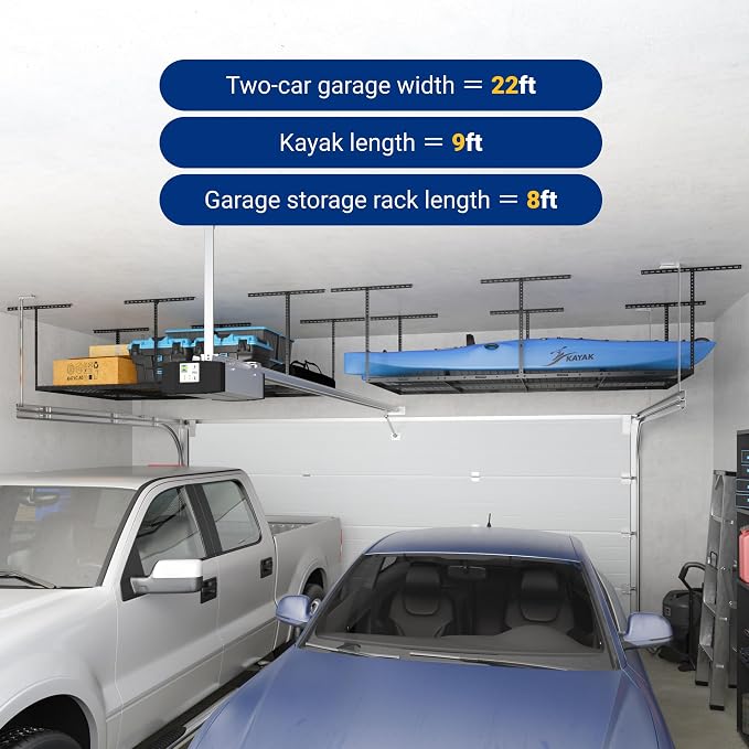 FLEXIMOUNTS 4x8 Overhead Garage Storage Rack, Adjustable Organization System, Heavy-Duty Metal Ceiling Racks, 2 Pack, Hammertone, Classic Series
