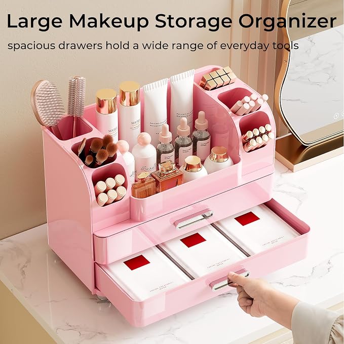 UFORU Makeup Organizer Countertop with 2 Large Drawers for Vanity Bathroom | Brush Holder, Large Capacity, Thickened Plastic, Compact Footprint, Space-Saving Design, Easy Clean, Ideal for Dorm Rooms