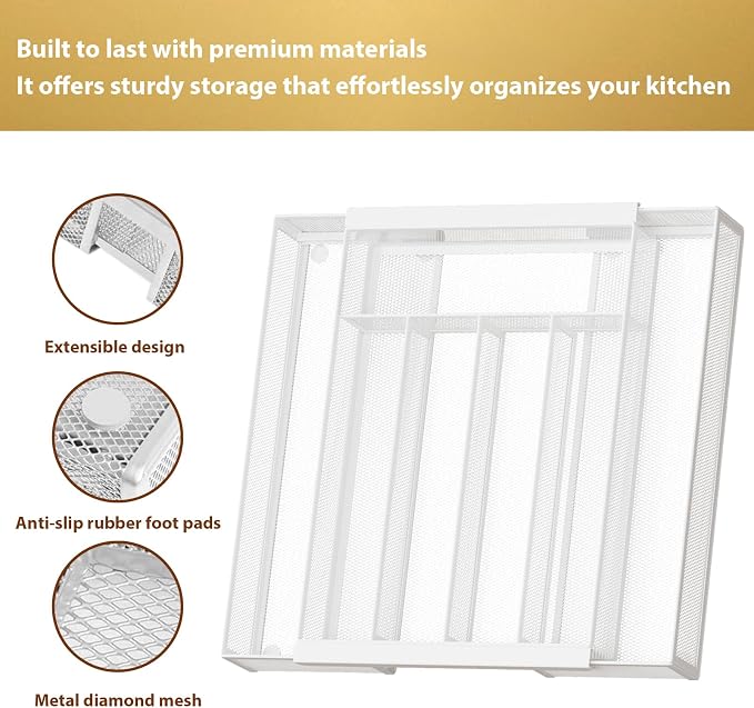 Sedegn Expandable Kitchen Utensil Organizer - 9.6" to 16.1" Adjustable Cutlery Tray with 5-7 Compartments - Fits Various Drawer Sizes & Holds Large Ladles Spatulas Forks Spoons & Knives White