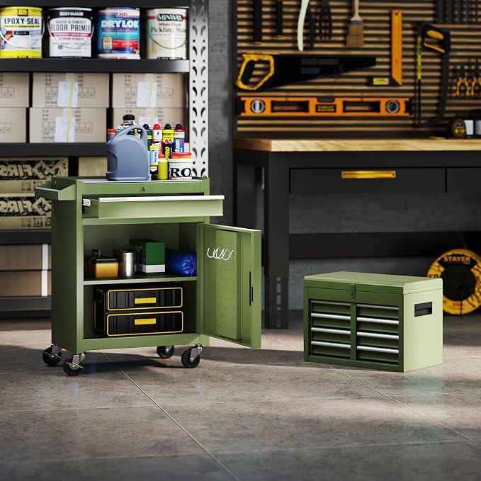 Goplus Tool Chest, 5 Drawers Rolling Tool Cabinet with Detachable Top Toolbox, Universal Lockable Wheels, Lock Bar, Protective Liner & Tool Rack, Metal Tool Storage Cart, Tool Box for Garage Workshop