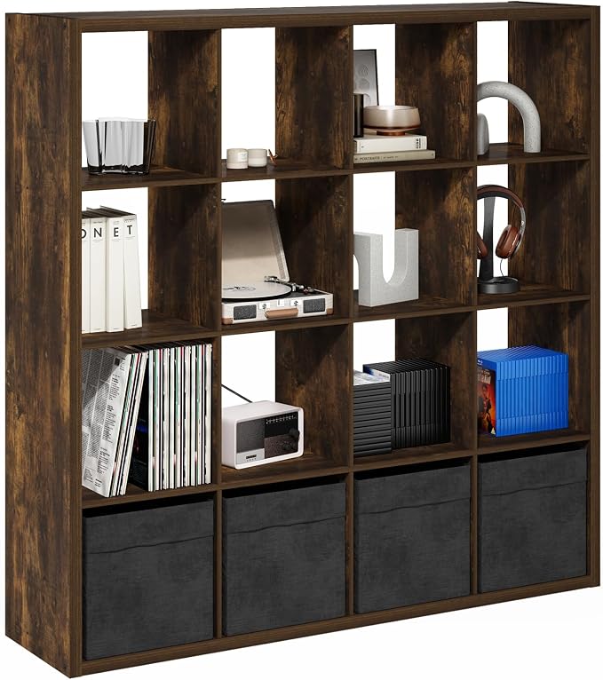 16-Cube Cubicle Bookshelf, Cube Bookcase with Open Back, Reversible Book Shelf, Cube Storage Organizer, 15 x 58 x 58, for Living Room, Home Office, Amber Pine