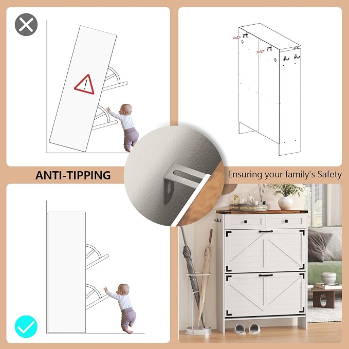 Shoe Cabinet with 2 Flip Drawers, Hidden Shoe Storage Cabinet with 2 Pull-Out Drawers, Farmhouse Shoe Organizer for Entryway, Narrow Shoe Rack for Front Door Entrance, White