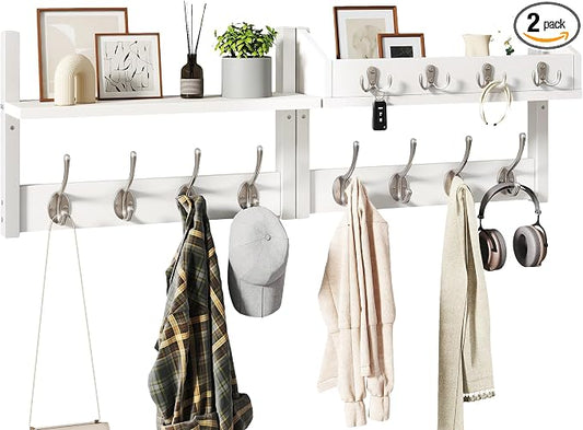 YMYNY 31.5" Coat and Key Rack Wall Mount with Shelf, White, HWS007W-2 | 4-in-1 Coat and Key Hanger with 12 Metal Hooks, Entryway Wall Shelf with Hooks & Mail Holder for Living Room, Bedroom