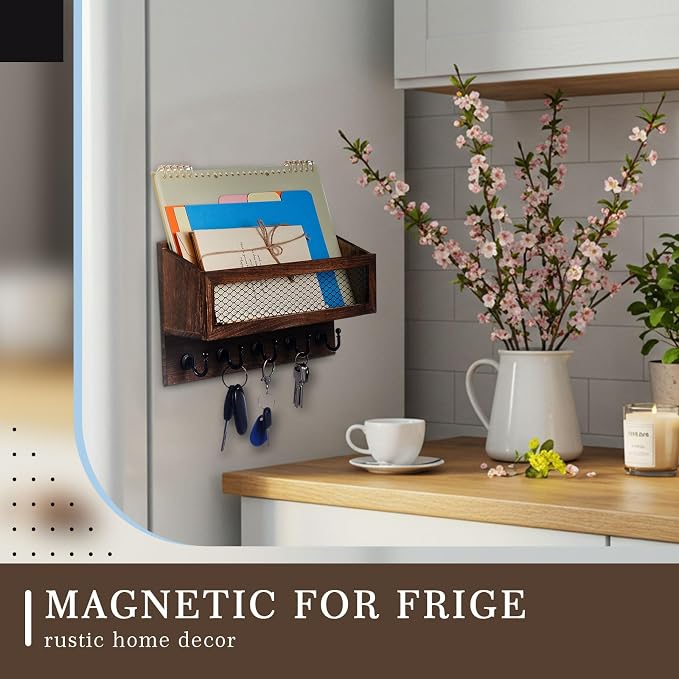 Colingmill Magnetic Mail and Key Holder for Wall Fridge Wooden Mail Organizer with 5 Key Hooks for Home Bedroom Fridge Kitchen Decorative(Brown)