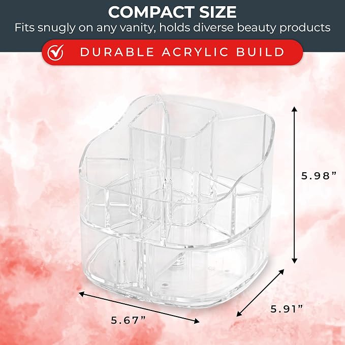 Masirs Small 360 Rotating Makeup Organizer, 5 Compartments, Square Clear | Small 360 Rotating Makeup Organizer, 5 Compartments, Acrylic Mini Lazy Susan, Vanity Bathroom Counter, Square Clear
