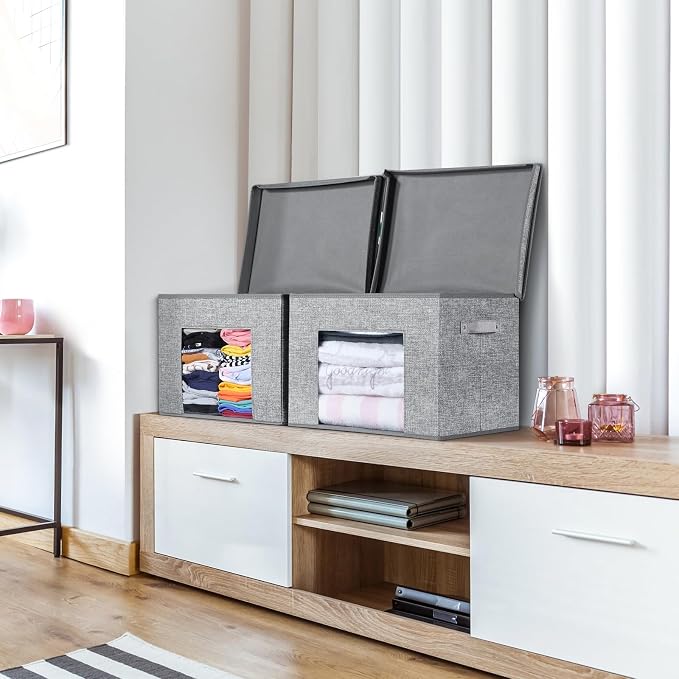 Univivi Fabric Foldable Storage Boxes Large Storage Bins with Lids [4-Pack] Collapsible Storage Cubes, Closet Organizers and Storage Cubes for Home, Bedroom, Closet (Grey, 17“ x 12” x 12") | Fabric Foldable Storage Boxes, Sturdy Collapsible Storage Bin...