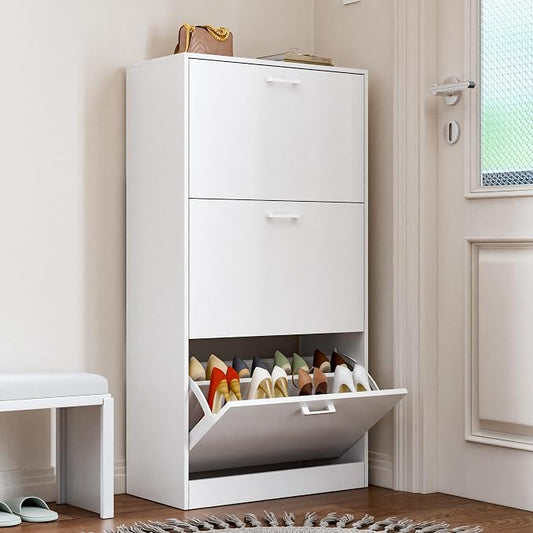 Shoe Cabinet with 3 Flip Drawers, Hidden Slim Freestanding Shoe Storage Cabinet, Narrow Freestanding Shoe Organizer for Entryway,Hallway, Living Room, White
