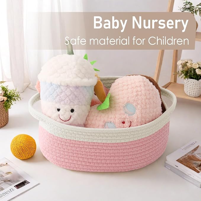 JMvicyroam Small Woven Basket, Empty Gift Basket, White&Pink/2 Pack | Small Gift Basket, Cotton Rope, 12 x 8 x 70 in, Handles, Includes Ribbon and Bag, Birthday Gift Basket