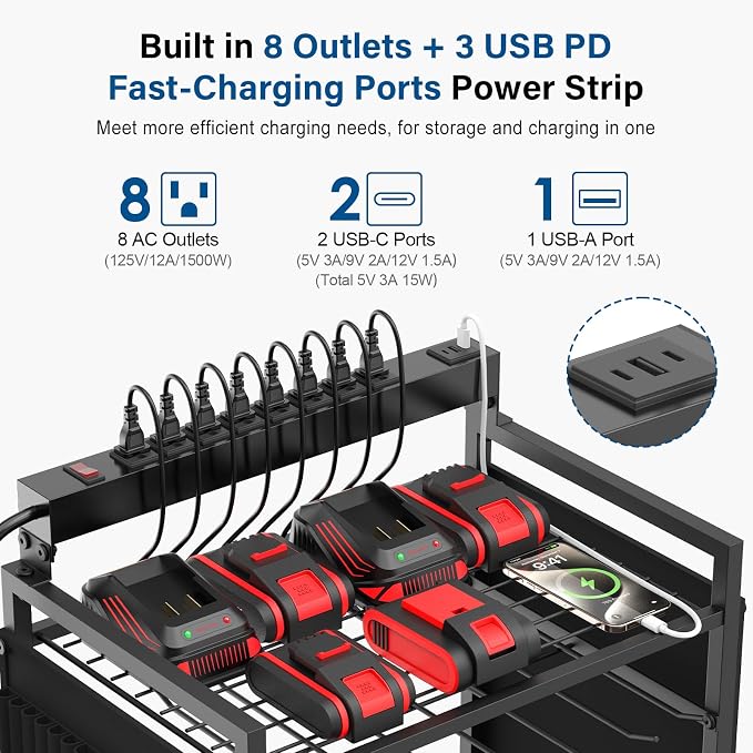 JUNNUJ Power Tool Charging Organizer Cart, 8 Outlet 3 USB, 6 FT Cord, Black | Floor Rolling, Large Tools Storage Cart on Wheels, Heavy Duty Drill Battery Station, Utility Rack Shelf for Garage Workshop