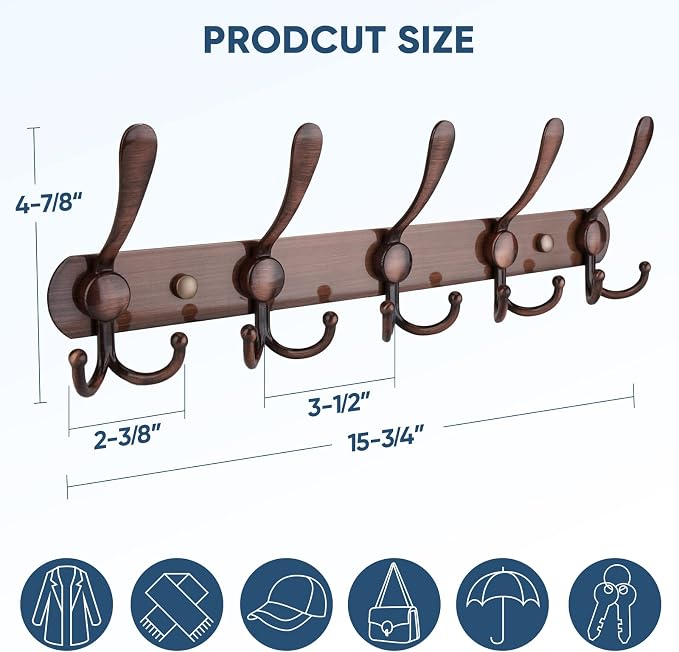 TICONN Wall Mounted Coat Rack, Five Heavy Duty Tri Hooks All Metal Construction for Jacket Coat Hat in Mudroom Entryway (Antique Bronze, 2-Pack)