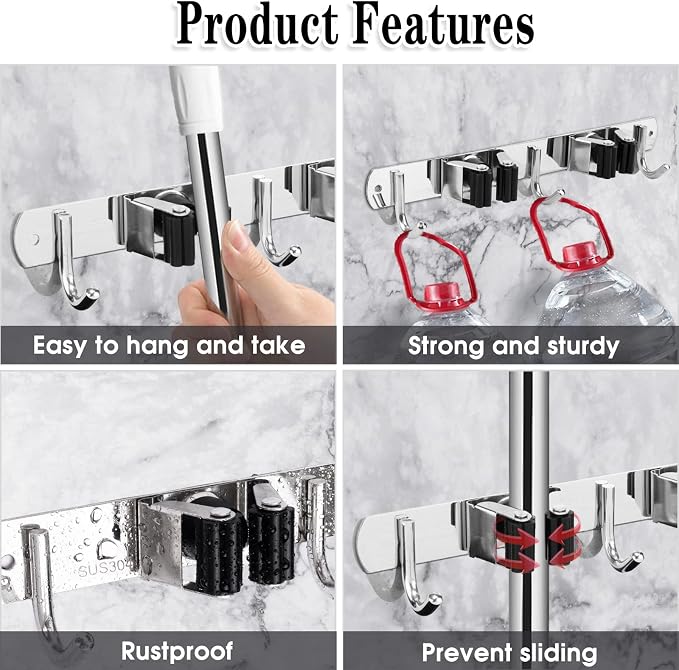 AceMining Broom Holder Wall Mount, 2 Racks 3 Hooks Heavy Duty Mop Organizer | Mop Holder Wall Mount and Broom Hanger for Garage, Laundry Room, Kitchen and Utility Storage