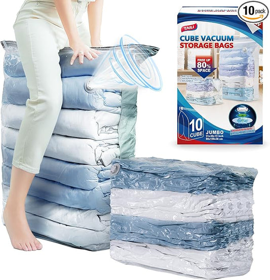 TAILI 10 Pack Vacuum Storage Bags, Jumbo Cube Space Saver Bags (31x40x15 Inch), Extra Large Vacuum Sealer Bags for Comforters Blankets Bedding Clothing, Closet Organizer, Cream | XL Large Vacuum Seal Bags for Clothing, Comforters, Blankets, Bedding, Sp...