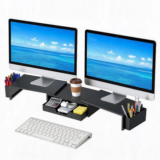 LEKETREE Dual Monitor Stand Riser with Drawer, Desk Organizer and Accessories, Monitor Stand for Desk, Desktop Stand for Computer, Laptop, TV and More (Black)
