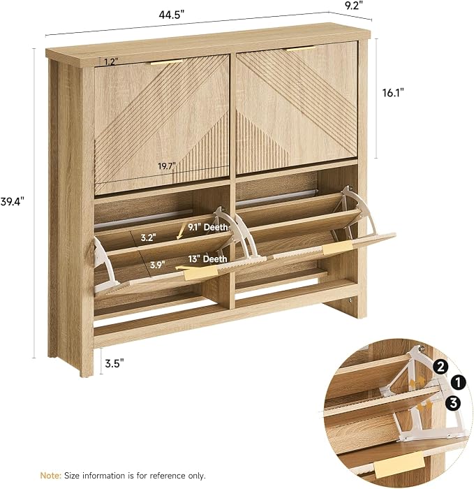 Shoe Cabinet with 4 Flip Drawers & Symmetric Groove Pattern for Entryway | 44.5''W x 9.2''D x 39.4'' Natural Oak Fit for 16-24 Pairs of Shoes Slim Narrow Shoe Storage Cabinet for Hallway Living Room