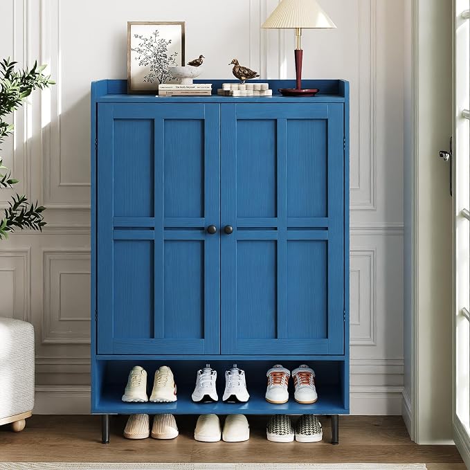 ComfyCorner Blue 7+1 Tier Farmhouse Shoe Storage Cabinet - 45" Tall Entryway Organizer with Cross Molding Doors, 3 Adjustable Shelves & Metal Legs, Shoe Rack for Front Door Entrance