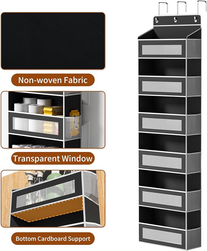 AQOOA 6-Tier Over The Door Organizer 44 lbs Capacity fit Standard Doors | Over the Door Storage 6 Large 12 Side Pockets Behind Door Storage, Closet Door Organizer Hanging Shelf, Black