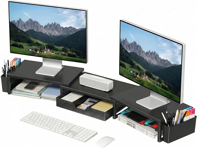 OPNICE Desk Organizers and Accessories, Dual Monitor Stand Riser with Drawer and 2 Pen Holders, Desk Shelf Computer Racks for Office Workspace Organizers, Desktop Organization (Charcoal Black)