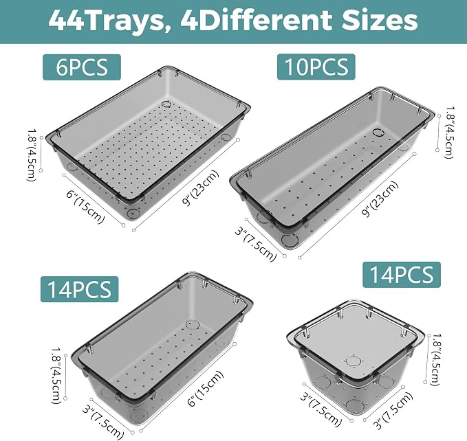 44 PCS Clear Plastic Drawer Organizer Set, 4 Sizes Storage Bins, Black | Desk Drawer Organizer Trays for Makeup, Jewelry, Gadgets and Utensils, Perfect for Bathroom, Bedroom and Office Organization