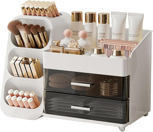 UFORU Makeup Organizer Countertop with Brush Holder for Vanity Bathroom | Large Capacity, Thickened Plastic, 2 Clear Drawers, Compact Size, Detachable Brush Holder, Divided Compartments, Easy Access
