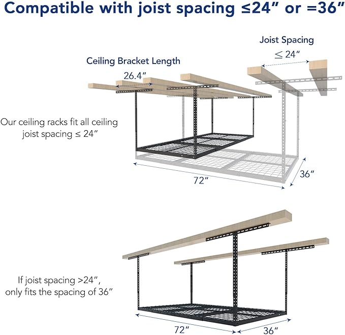 FLEXIMOUNTS 3x6 Overhead Garage Storage Adjustable Ceiling Rack 72" Length x 36" Width x 40" Height, 450lbs Weight Capacity, Hammertone, Classic Series