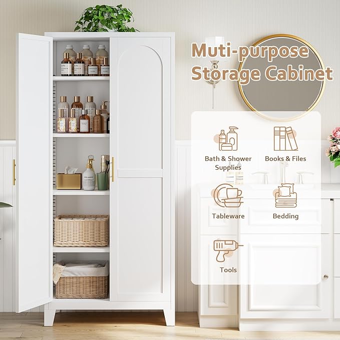 Zevemomo 71" Metal Pantry Cabinet, Tall Metal Storage Cabinet for Kitchen | Steel Cabinet with 2 Doors and 4 Adjustable Shelves, Freestanding Cupboard for Kitchen, Bathroom, Dinning Room or Laundry