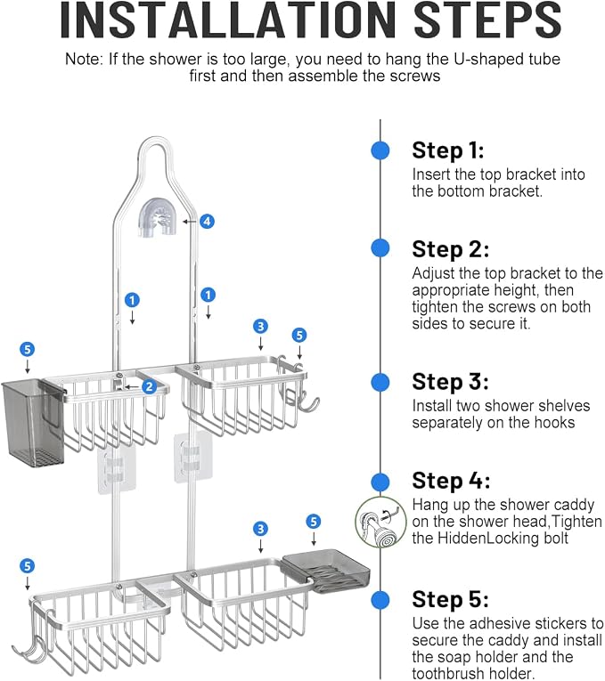 Adjustable Shower Caddy Hanging for Handheld Showerheads - Upgraded Never Rust Shower Hanging Organizer, Bathroom Shower Rack with Soap Basket, Hooks and Toothbrush Holder (Shiny Silver)