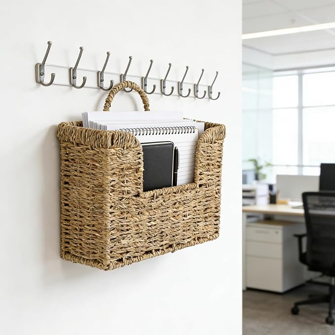 Hanging Magazine Basket, Woven Wall Magazine Holder Organizer with Handle for Mail, Files, Books - Water Hyacinth Farmhouse Storage Rack for Bathroom, Kitchen, Office (1, Sea Grass)