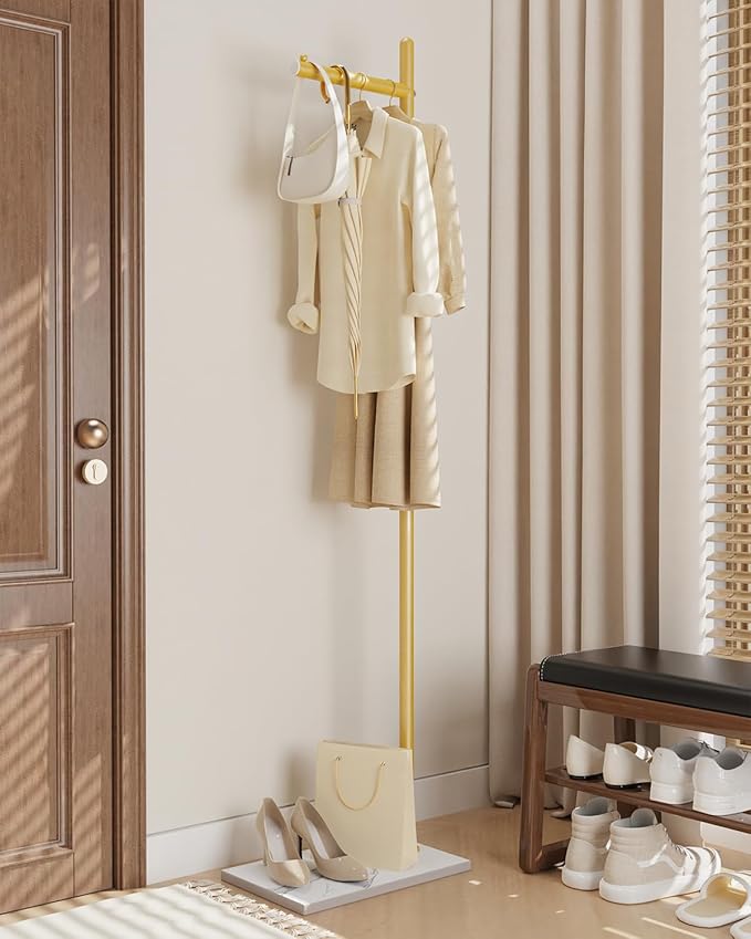 Yawinhe Metal Coat Racks with Square Base,L-Shaped Clothes Stand,Golden | Freestanding Hall Tree for Bedroom;Clothes Hanger Stand Suitable for Entryway; Stable Clothing Rack for Hallway