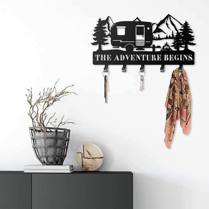 Maitys Keyholder Wall Decorative Metal Camper Key Rack Hanger with Hooks Christmas Decor Rustic Key Hook for Wall Mounted Decor for Entryway Front Door(11.02 x 5.51 Inch,Adventure Style)