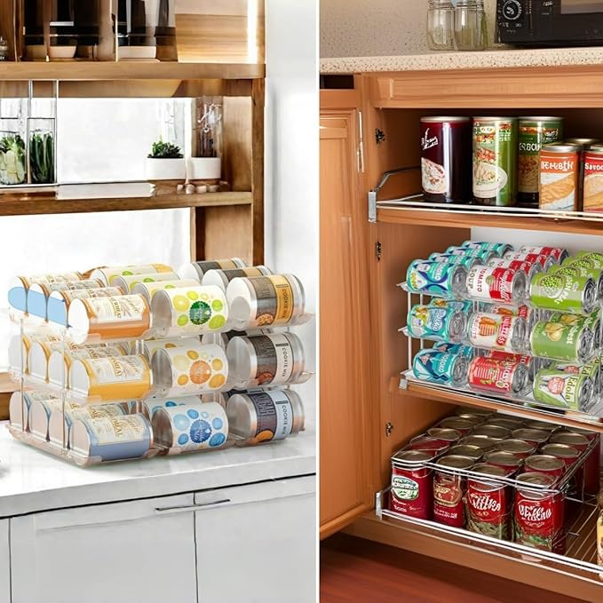 Attelite Can Organizer for Pantry, 6 Sets 3Tiers Can Storage Organizer Pantry, Soda Can Organizer for Fridge 72 Cans Rack Automatic Rolling Stackable Canned Food Organizer,Clear