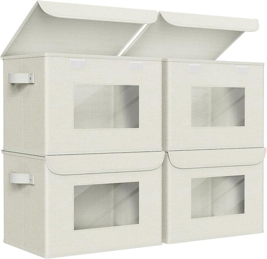 Univivi Fabric Foldable Storage Boxes with Lids [4-Pack] Collapsible Storage Bins for Clothes Closet Organizers with Handles Storage Cube Basket for Home, Office, Bedroom (Beige, 17"" x 12"" x 12"")