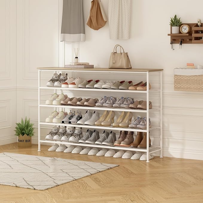 SUOERNUO 5 Tier Extra Long Shoe Rack Organizer Storage for Closet Entryway | Large Capacity Shelf,MDF Top Board,Sturdy Metal Frame,Ideal for Living Room,Hallway White