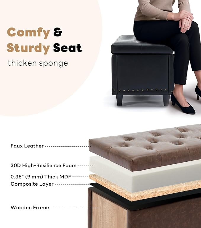 Tbfit Long Ottoman with Storage, 50.8" Faux Leather End of Bed Bench with Safety Hinge&Rivets, Entryway Benches Large Storage Ottoman Bench for Bedroom, Living Room, Holds up to 660 lb(Brown)