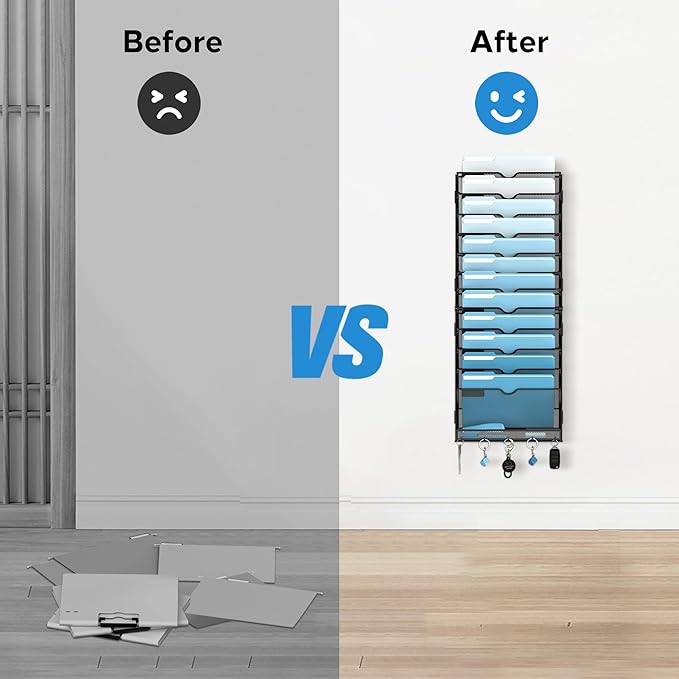 SUPEASY 13-Tier Wall File Organizer, Wall File Holder with Hooks, Mesh Hanging File Organizer, Mail Organizer Wall Mounted for Papers, Folders, Office Magazine Rack, Assembly Needed, Black | Mesh Wall File Holder, Mail Organizer Wall Mounted for Papers...